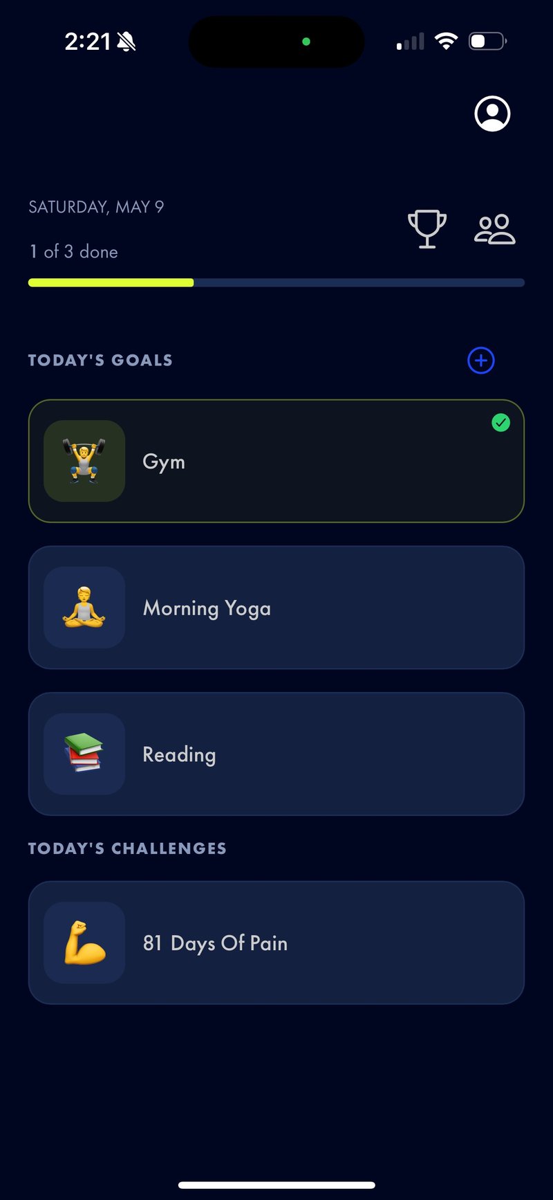 PeakFrame app showing today's goals and challenges